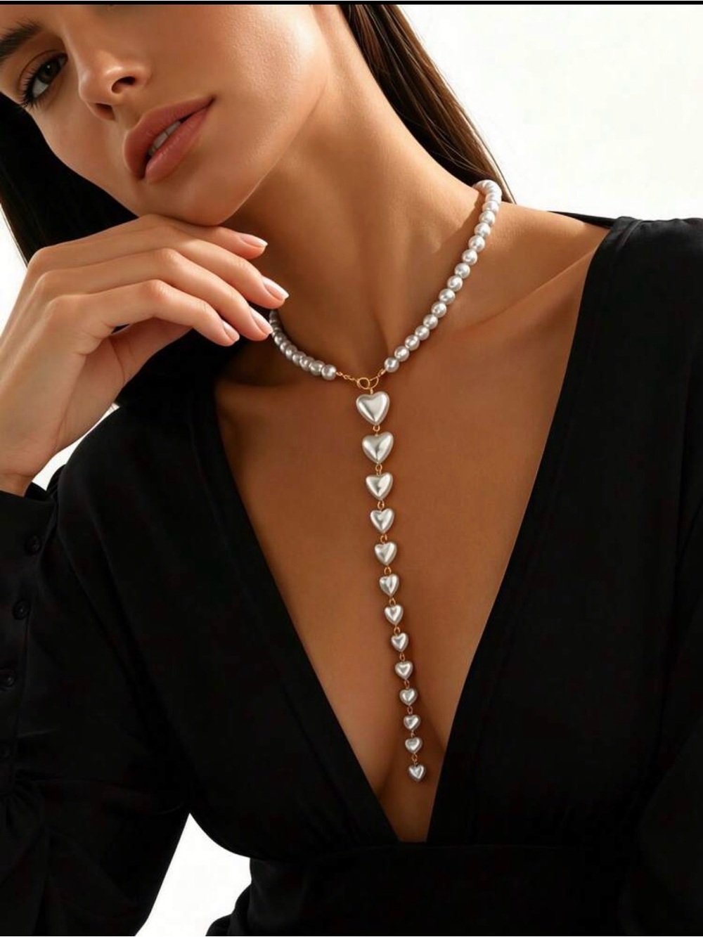 Heart Drop Y Necklace - White Pearls with Gold Accents